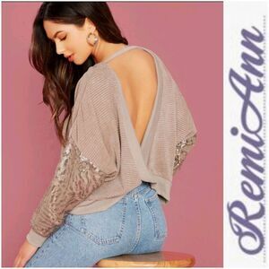 Sequin Sleeve Open Cross Back Thermal Sweater